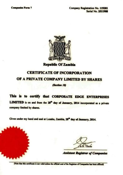 Scanned Certificate of Incorporation for Corporate Edge Enterprises Limited
