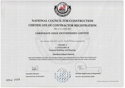 Scanned NCC Contractor Registration for Corporate Edge Enterprises Limited