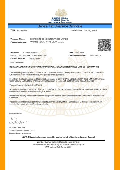 Scanned ZRA Tax Clearance for Corporate Edge Enterprises Limited