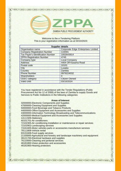 Scanned ZPPA Supplier Registration for Corporate Edge Enterprises Limited